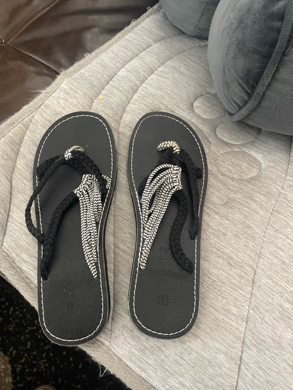 Braided Black and White Rope Flip Sandals - Women's Casual Slip-On